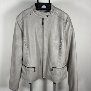 Westport Moto Racing Jacket Taupe Gray Faux Leather Zip Front & Pockets Lined L